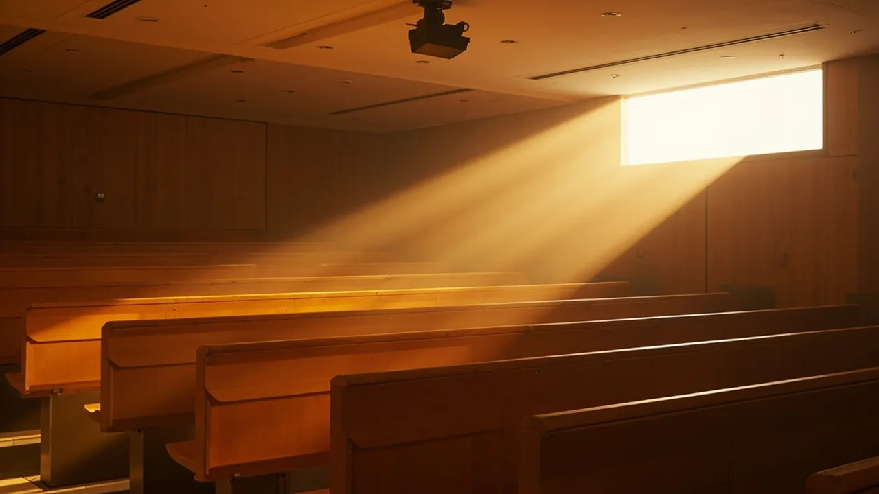 Heller Vorlesungsraum mit Holzbestuhlung und Tageslicht