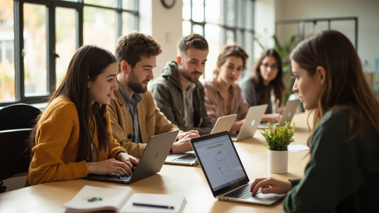 Kleiner Workshop-Tisch mit Laptops und Notizbüchern